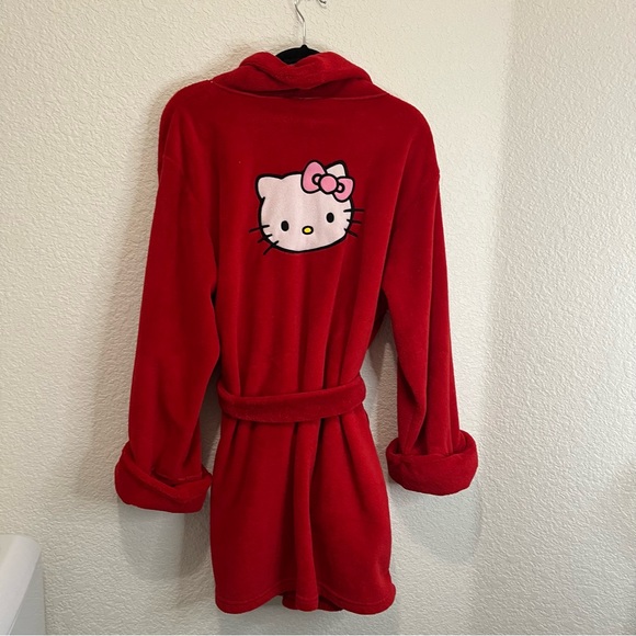 Sanrio Hello Kitty Red Plush Bath Robe Pockets Embroidered Womens Size L - Picture 9 of 14